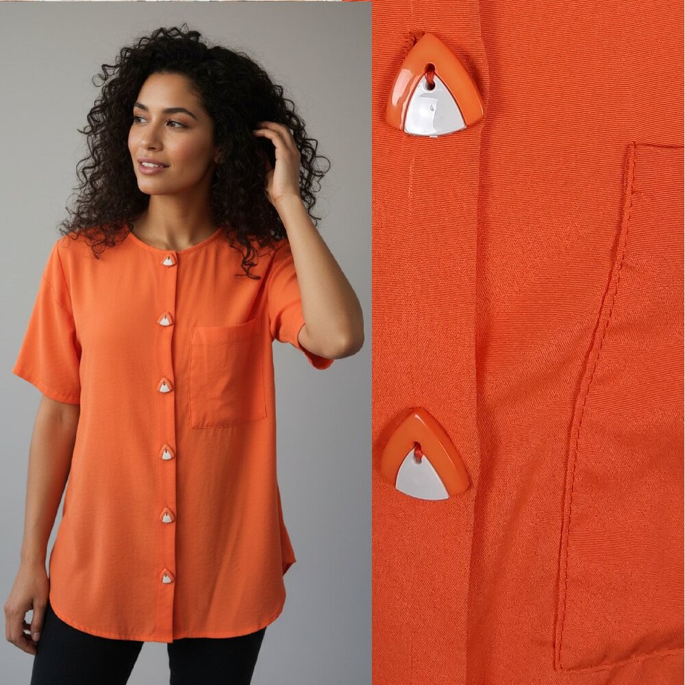 Vtg 80s orange blouse w/ triangle buttons - Michele Leslie brand